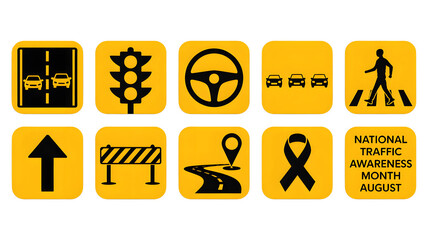 Essential traffic safety icons and National Awareness Month graphic promote road rule observance and driver education for safer journeys