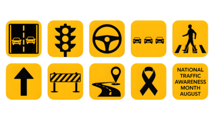 Essential traffic safety icons and National Awareness Month graphic promote road rule observance and driver education for safer journeys