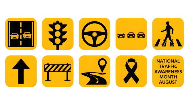 Essential traffic safety icons and National Awareness Month graphic promote road rule observance and driver education for safer journeys