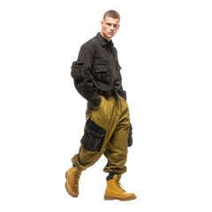 Stylish Urban Male Fashion: A confident male model showcases contemporary urban fashion, wearing cargo pants and a shirt, embodying modern style and street-smart confidence.