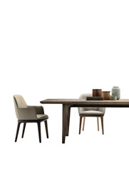 Elegant Dining Room: An exquisite dining arrangement featuring a robust wooden table with a serene ambiance, complemented by sophisticated armchairs. Enhancing the d&eacute;cor are refined ornamental pieces.