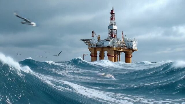 Offshore Oil Rig in a Storm: An imposing offshore oil rig battles the churning ocean, facing a stormy sky. This image captures the power of nature and the resilience of human engineering. 