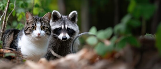 Curious cat and raccoon sharing a quiet moment in a garden during daylight hours among lush greenery and fallen leaves