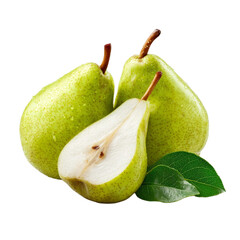Vibrant fresh green pears whole and halved with water droplets isolated on black