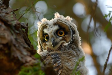 Naklejka premium Beautiful young long eared owl is perched on a branch in a forest, looking around curiously
