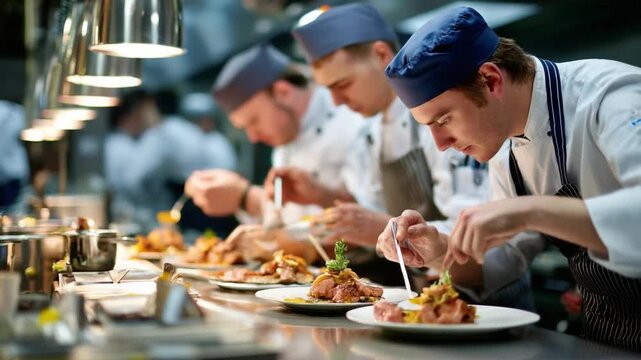 Culinary Artistry: A skilled culinary team meticulously plates exquisite dishes in a professional kitchen, showcasing the dedication to fine dining and gastronomical expertise.