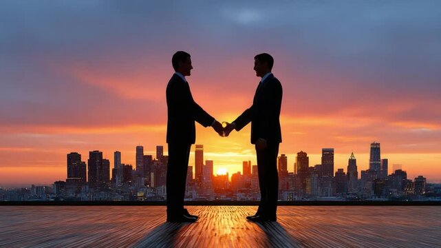 Agreement in Skyline's Embrace: Two figures seal a business deal with a handshake against the breathtaking backdrop of a city skyline at sunset, symbolizing partnership and success.