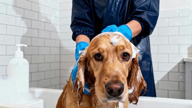 A cute golden cocker spaniel getting a bath in a tub. A person in gloves washes the dog's head with shampoo foam. Pet grooming and animal hygiene concept