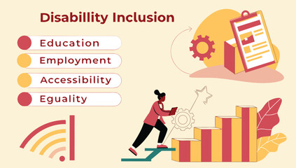 Disability Inclusion Illustration: Depicting disability inclusion with a focus on education, employment, accessibility, and equality. An inspiring visual representation.