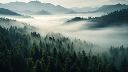 Obraz premium A majestic misty mountain landscape with a dense evergreen forest