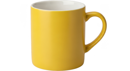 Tall yellow ceramic mug with handle isolated on transparent background