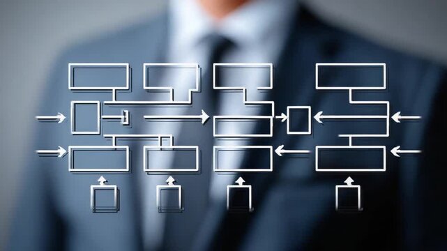 Strategic Blueprint: A business executive gestures towards a sophisticated flowchart representing intricate processes, symbolizing strategy and operations.