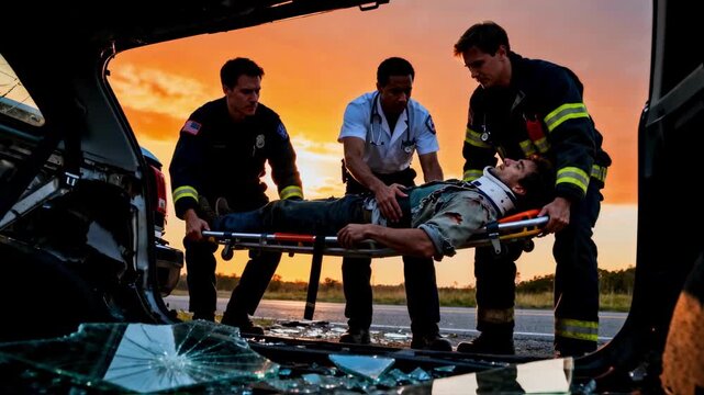 First responders rescuing an injured man after a car accident. Paramedics and a firefighter load a victim on a stretcher at sunset. Emergency medical services concept