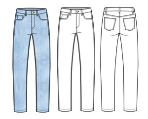 Mens denim pant mockup template vector design technical illustration.
