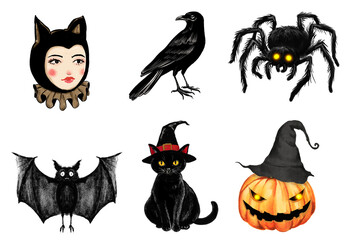 set of halloween icons Hand Drawn Illustration on Transparent Background