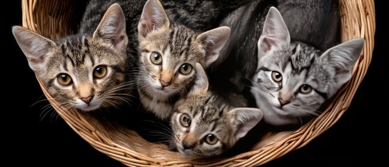 Four adorable kittens cuddle in a cozy basket against a dark background, showcasing their playful expressions and unique markings