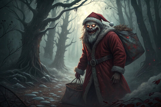 Creepy Santa in Dark Forest A Chilling Holiday Twist