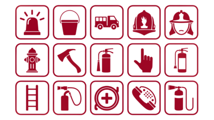 Essential fire safety icons including hydrant, axe, extinguisher, ladder, truck, and protective gear for emergency services