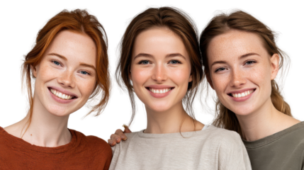 Harmony in Smile: Three women, united by shared happiness, radiating warmth with genuine, expressive smiles, embody a timeless bond of friendship and joy.