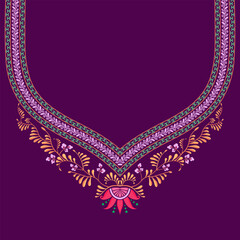 Delicate sweetheart neckline embroidery design with intricate floral, vine motifs, and decorative borders on a purple background. Ideal for Indian saree blouses, choli, kurta, and kurti.