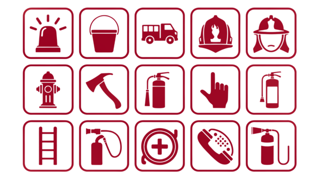 Essential fire safety icons including hydrant, axe, extinguisher, ladder, truck, and protective gear for emergency services