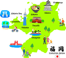 福岡旅行、手描きの観光スポットと観光客フラットイラスト