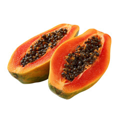 Vibrant ripe papaya fruit halves displaying juicy flesh and black seeds isolated
