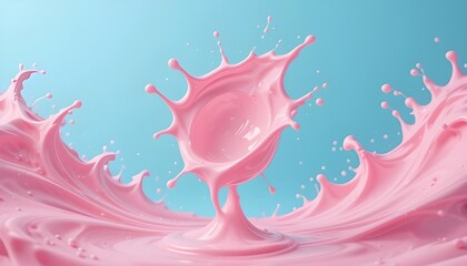 A splash of pink yogurt, with an abstract background, 3D rendered illustration for a dairy product advertisement poster.

