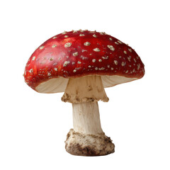 Mystical Forest Amanita: A striking single Amanita mushroom with a vibrant red cap adorned with white speckles, emerging from the forest floor, evoking a sense of wonder.