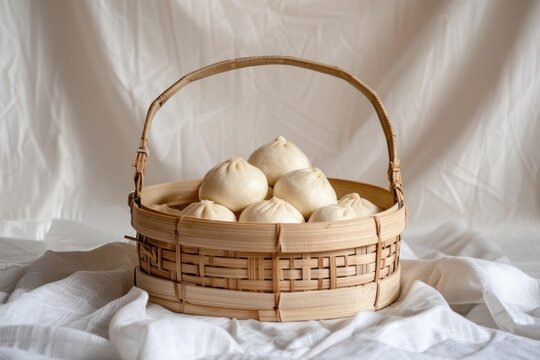 Steamed bao buns resting in a bamboo steamer basket on a white tablecloth
