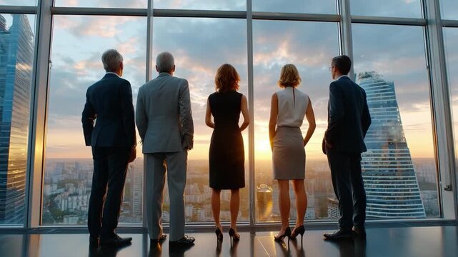 Skyline Gazing: A distinguished group of professionals stand before a panoramic window, gazing upon the cityscape at dawn, symbolizing ambition and vision
