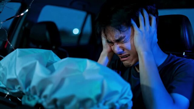 A young man in pain and shock after a car accident at night. Deployed airbag and flashing emergency lights at a crash scene. Road safety and trauma concept