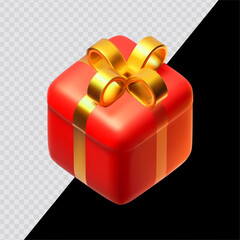 Cartoon gift box with red bow. 3D render style on transparent background. For dark and bright backgrounds.