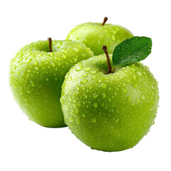 Three fresh vibrant green apples covered in dew drops ripe and juicy