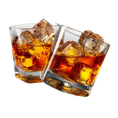 Two glasses of rich whiskey with ice cubes clinking together a classic toast