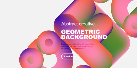 Vibrant abstract shapes overlap black background. Text promotes geometric design, includes read more button. Modern, colorful composition.