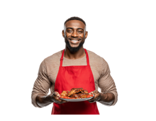  a black man smiling and holding a plate of food, wearing a red apron and a black hat, on a transparent background. 