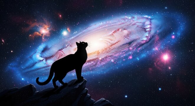 Cosmic cat silhouette gazing at a vibrant spiral galaxy.