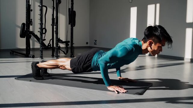 Pushup exercise in gym by man. Training session focuses on muscle and strength. Fitness routine for athlete power. Strong workout emphasizes fitness pushup and upper body conditioning.