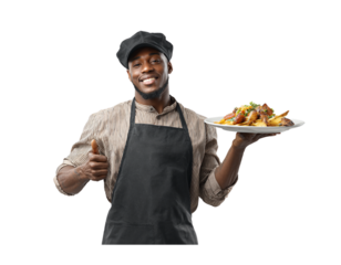 a black man smiling and holding a plate of food, wearing a red apron and a black hat, on a transparent background.