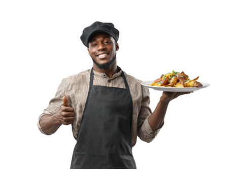 a black man smiling and holding a plate of food, wearing a red apron and a black hat, on a transparent background.