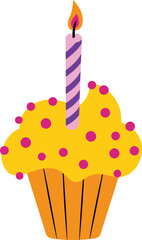 Colorful birthday cupcake with candle, yellow frosting and pink sprinkles, festive dessert illustration, celebration party concept, sweet bakery design.