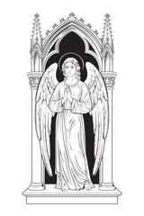 Fototapeta premium Gothic Angel Statue Praying in Cathedral Arch Religious Medieval Art Vector Illustration