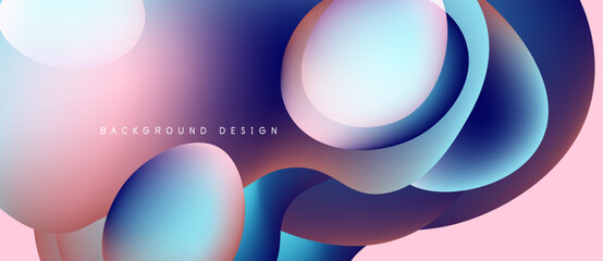 Abstract fluid shapes blend, creating vibrant gradients. Pink, blue, purple hues dominate design. Modern, dynamic composition.