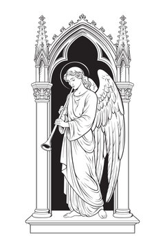 Gothic Angel Statue Praying in Cathedral Arch Religious Medieval Art Vector Illustration