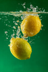 Two Fresh Lemons Submerged in Water on a Vibrant Green Background