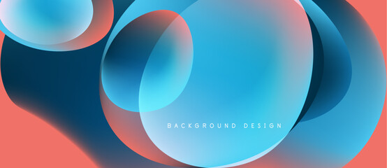 Abstract composition features overlapping circles, vibrant blue, coral hues. Modern design suggests fluidity, depth, dynamic visual experience.