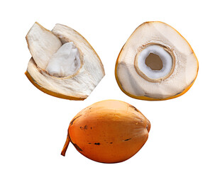 yellow Young Tender coconut Full, Sliced and scooped tender coconut layer isolated on a white background