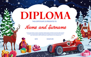 Christmas diploma with Santa in racing car and north deer. Vector holiday certificate template for preschool and children education. Dark blue festive diploma with gifts, pine trees and area for text