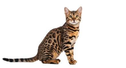 Full length Bengal cat with exotic spotted fur, sitting and looking directly at the camera on a Transparent background.